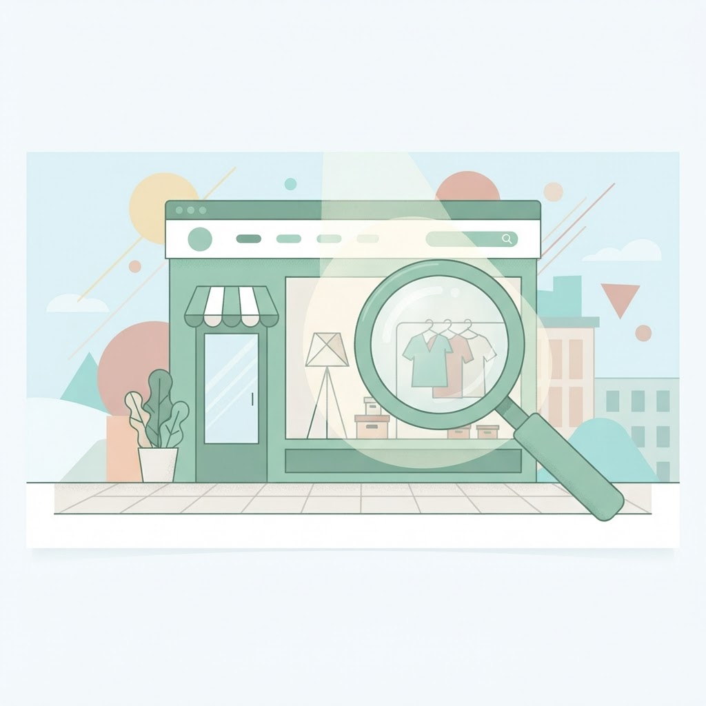Small business storefront website glowing under a large magnifying glass, representing a search-friendly site