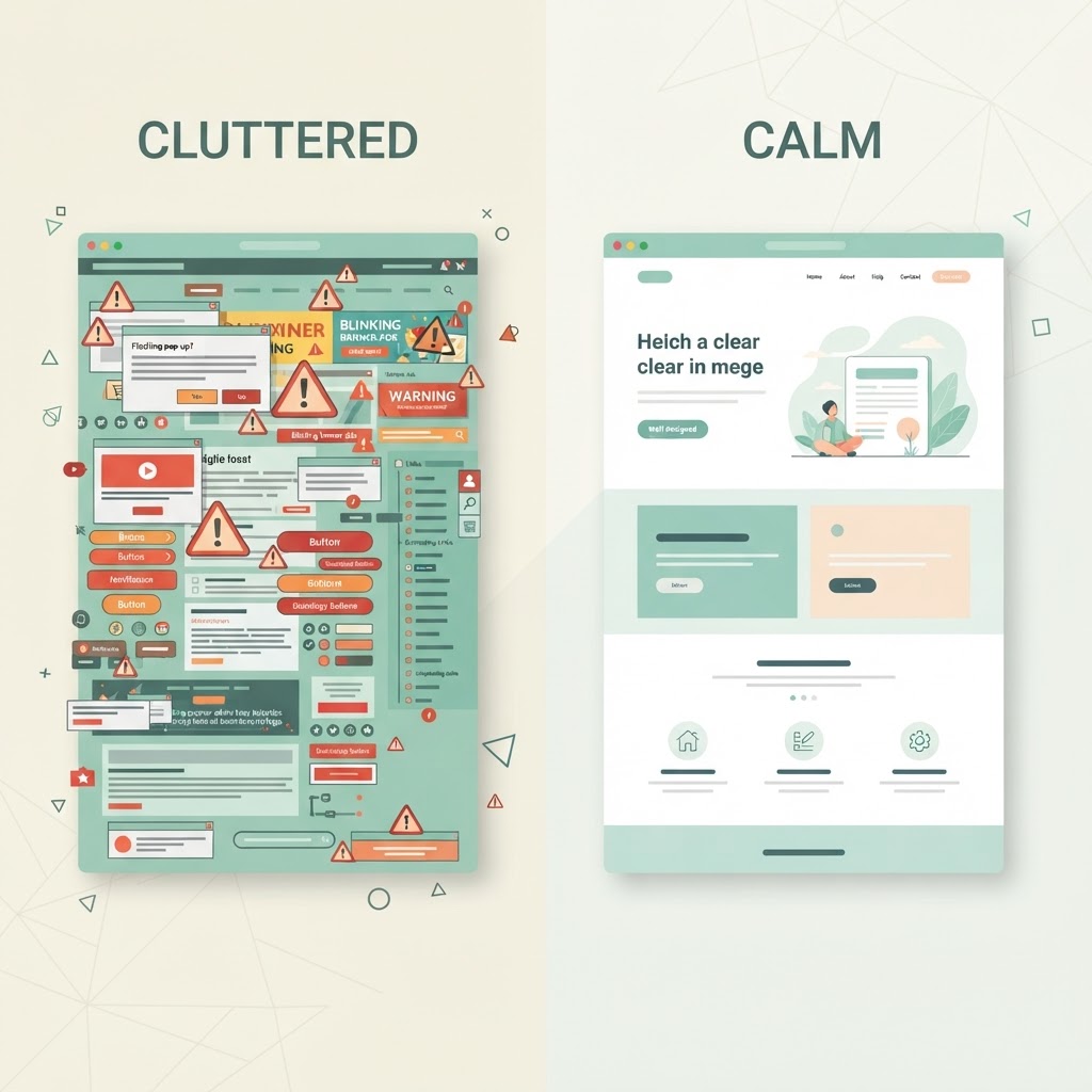 Split comparison of a cluttered webpage with warning icons and a clean, welcoming webpage