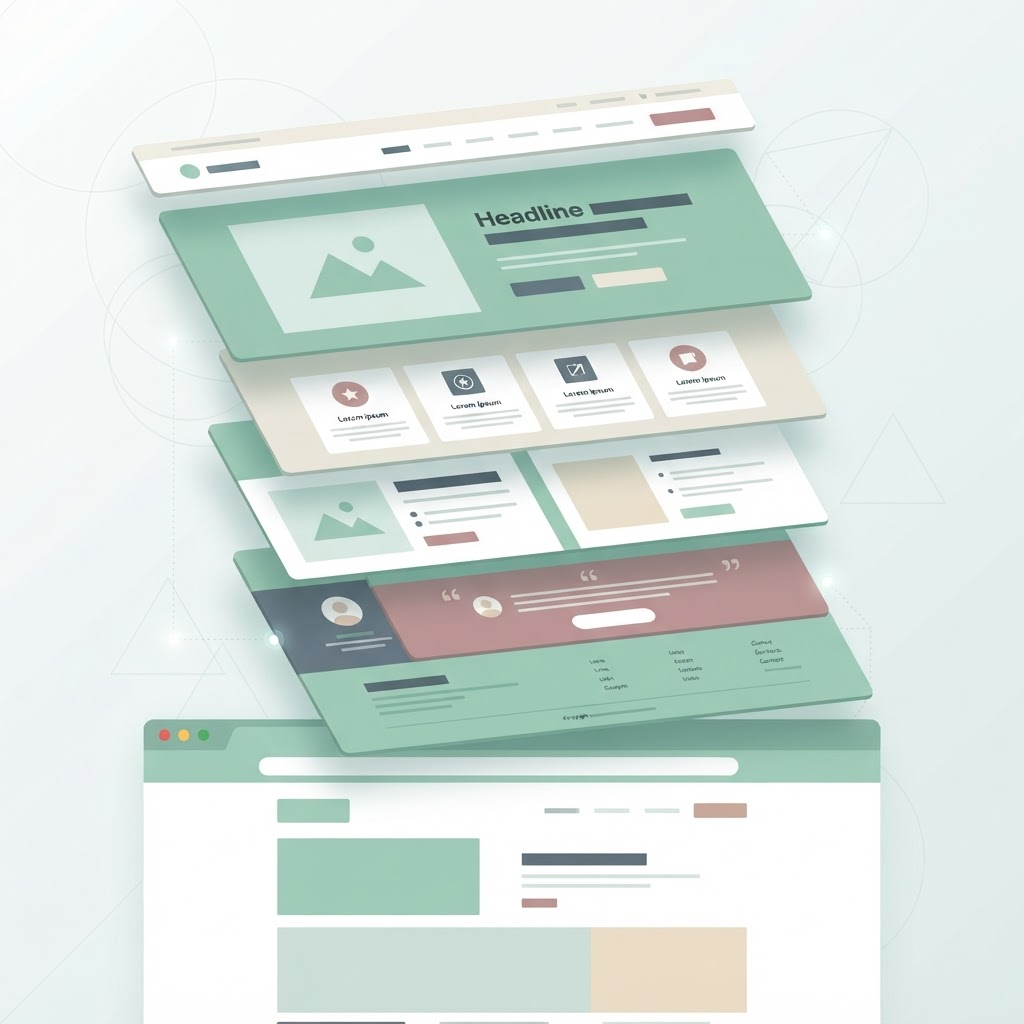 Layered homepage wireframe sections floating above a browser window