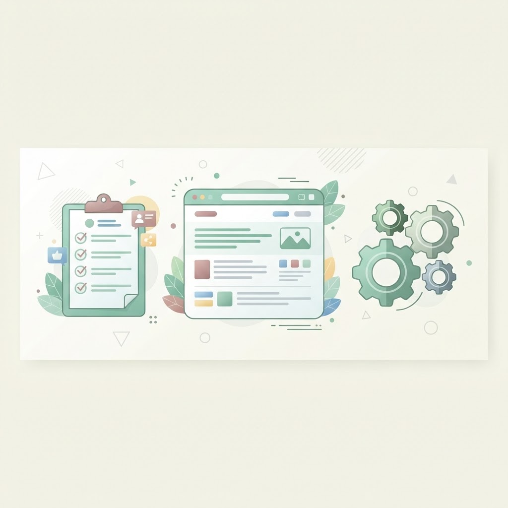 Clipboard checklist beside a browser window with gears, showing a planned redesign