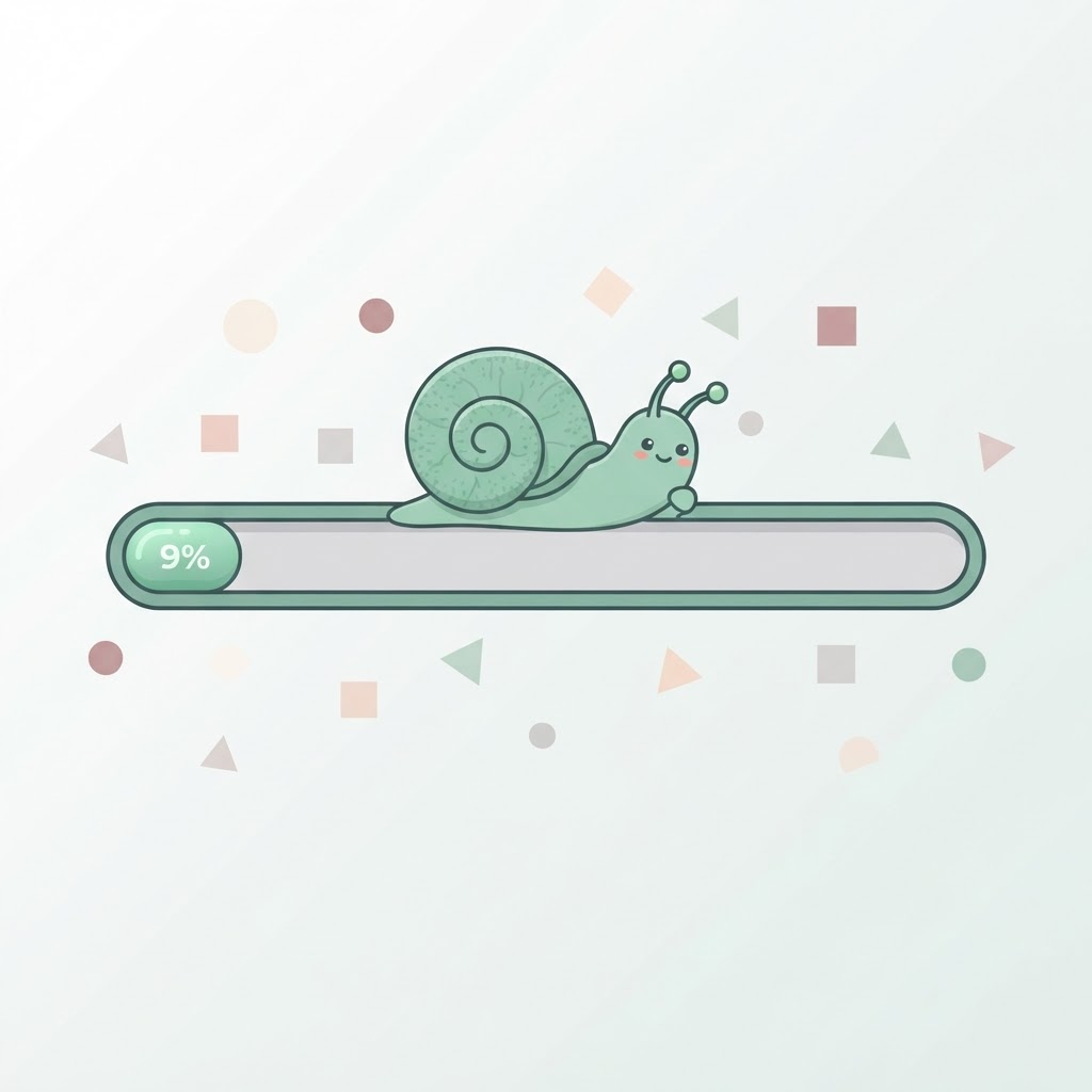 Snail on a stalled loading bar, illustrating a slow website