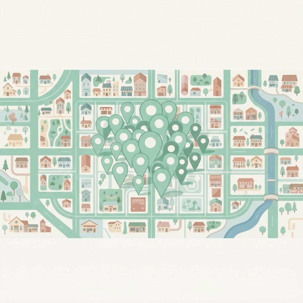 Map pins clustered over a town grid, representing local search visibility