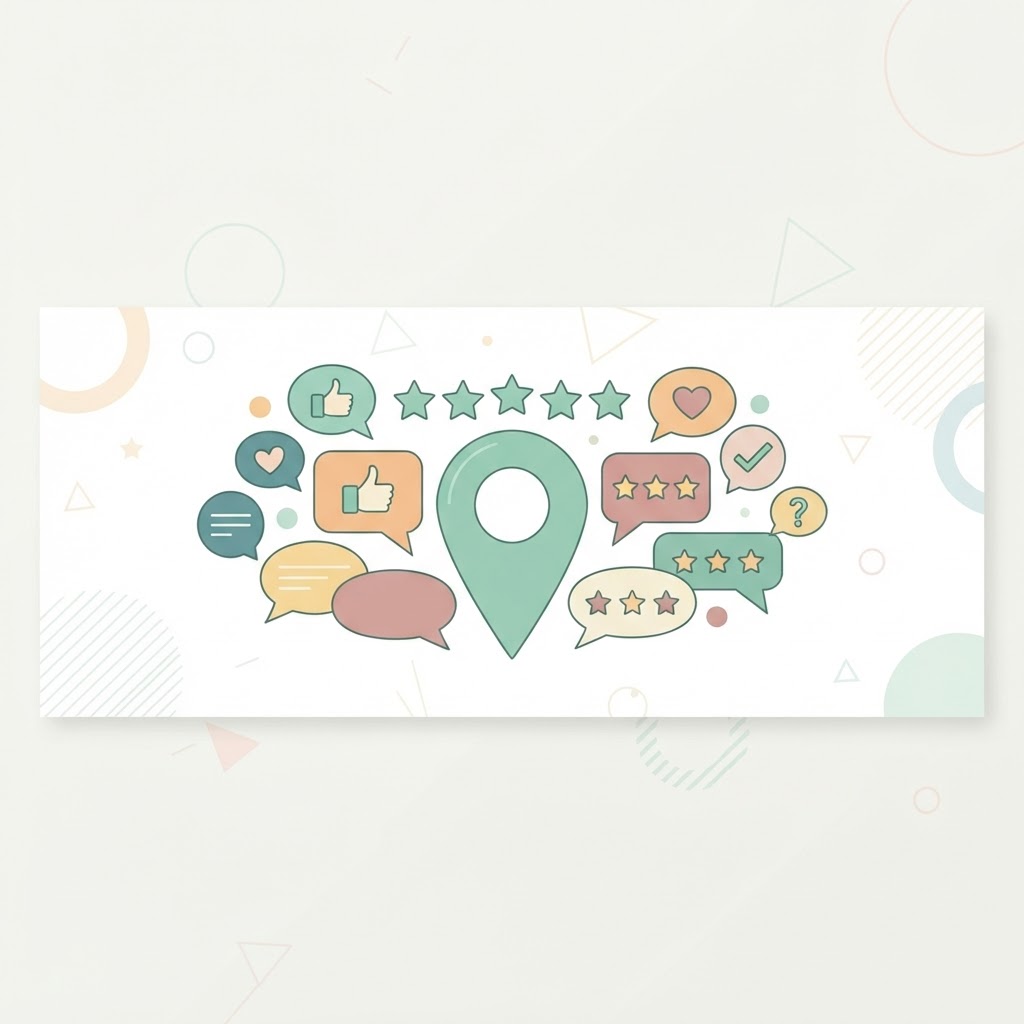 Five stars and a map pin with speech bubbles, symbolizing customer reviews