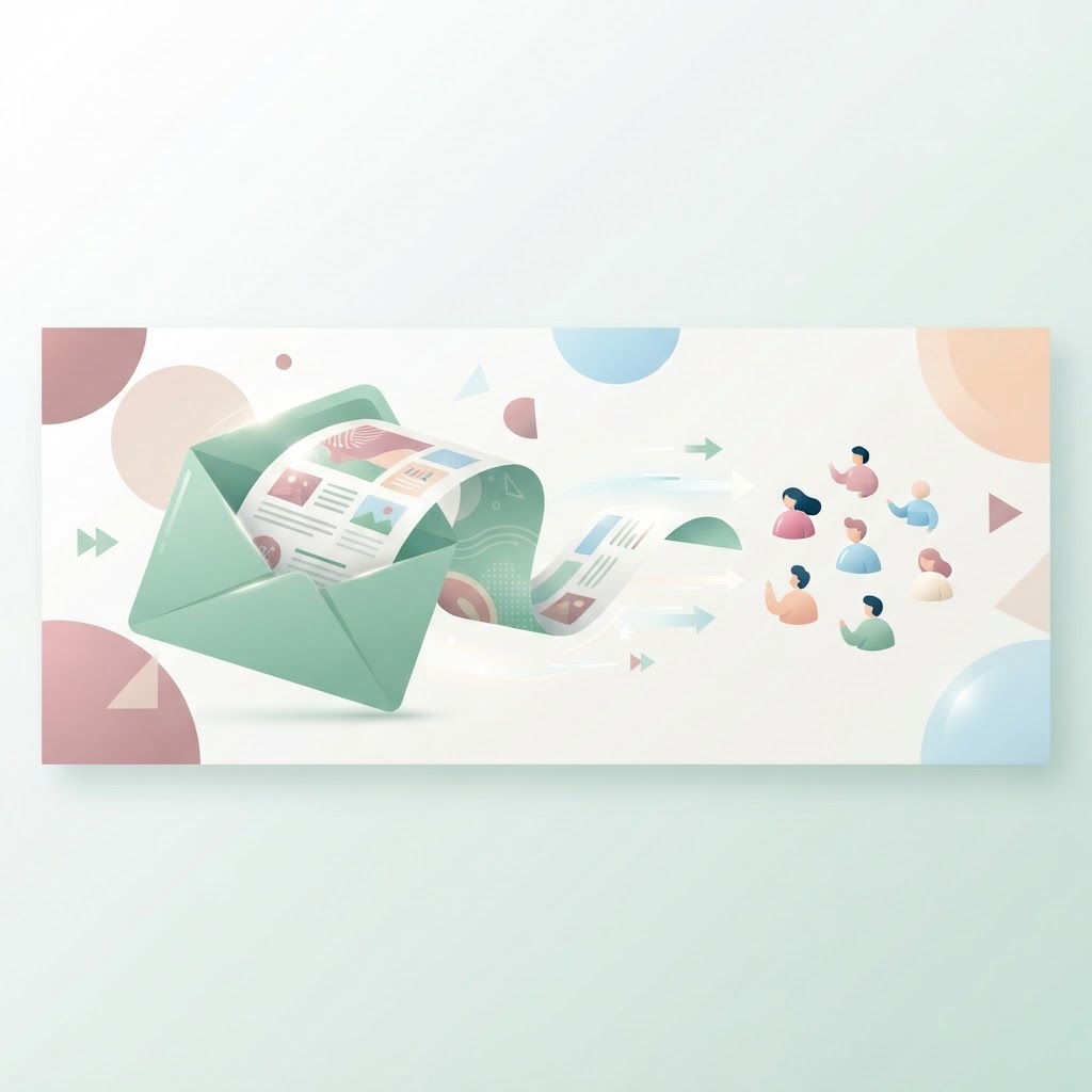 Open envelope delivering a newsletter to audience icons