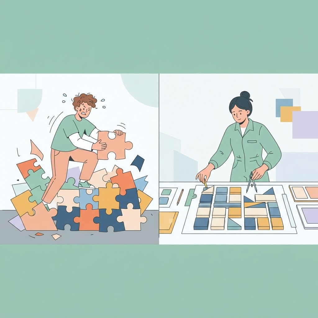 Person struggling with a puzzle versus a designer arranging neat blocks