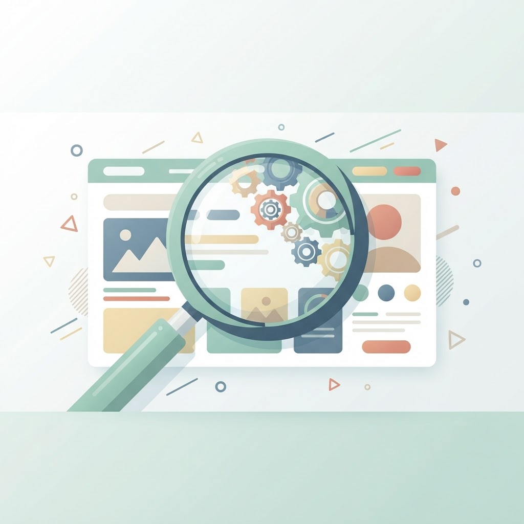 Magnifying glass revealing gears inside a website, demystifying SEO