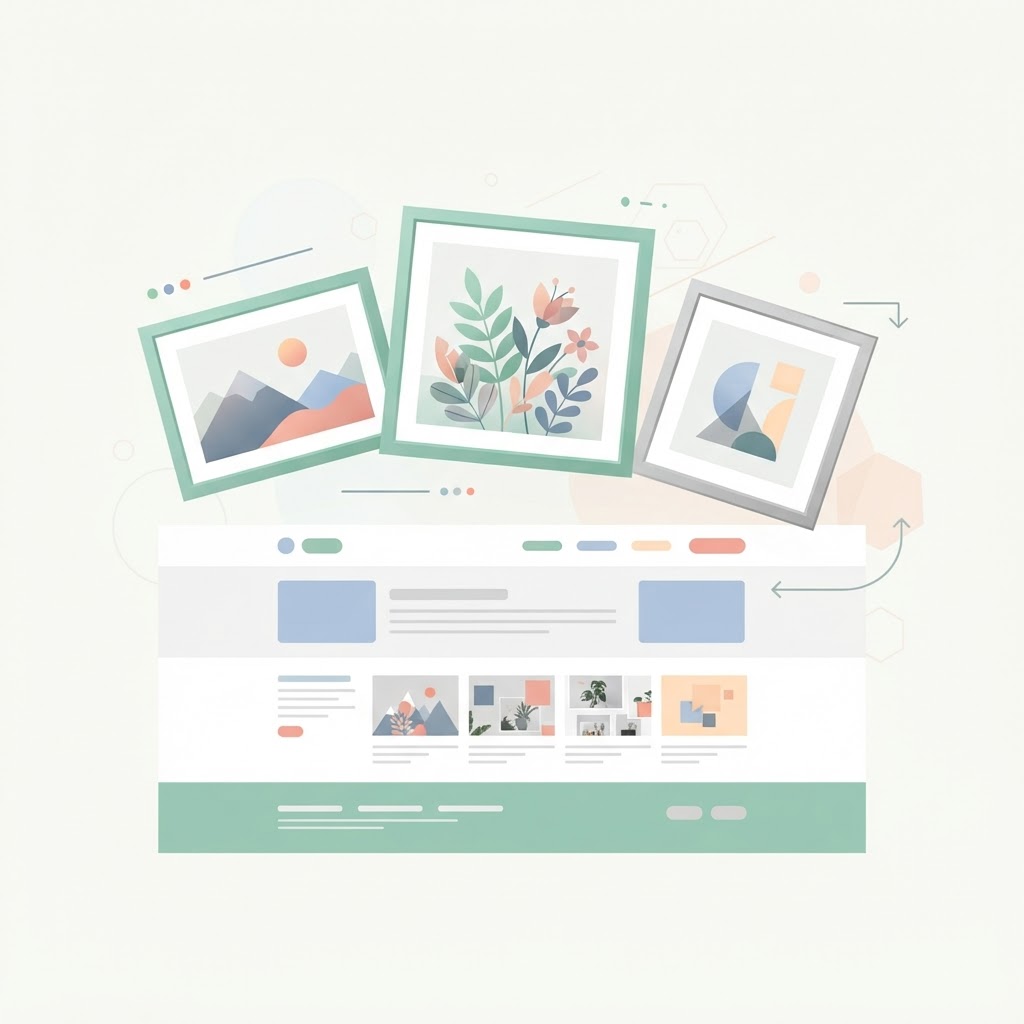 Photo frames floating above a webpage, showing image choices