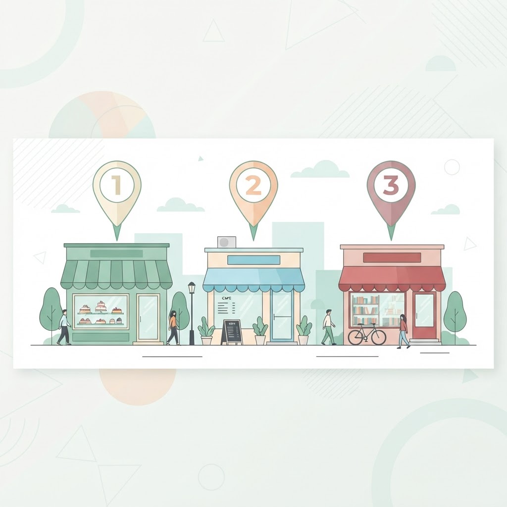 Numbered ranking pins over storefronts on a map