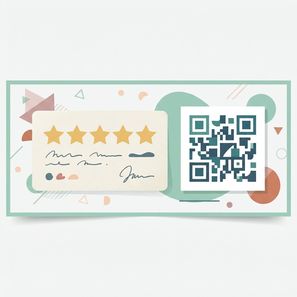 Five-star review card with a QR code for easy reviewing
