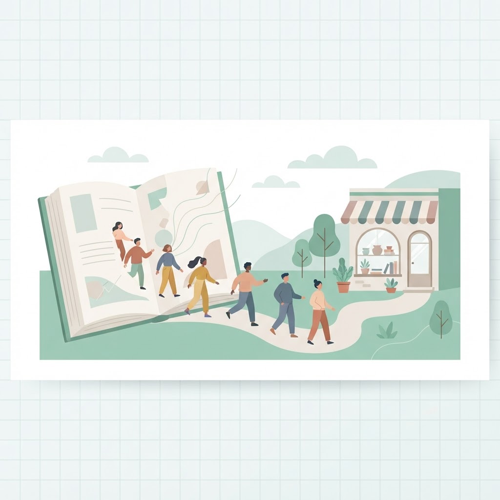 Readers walking from an open book toward a shop, showing content attracting customers
