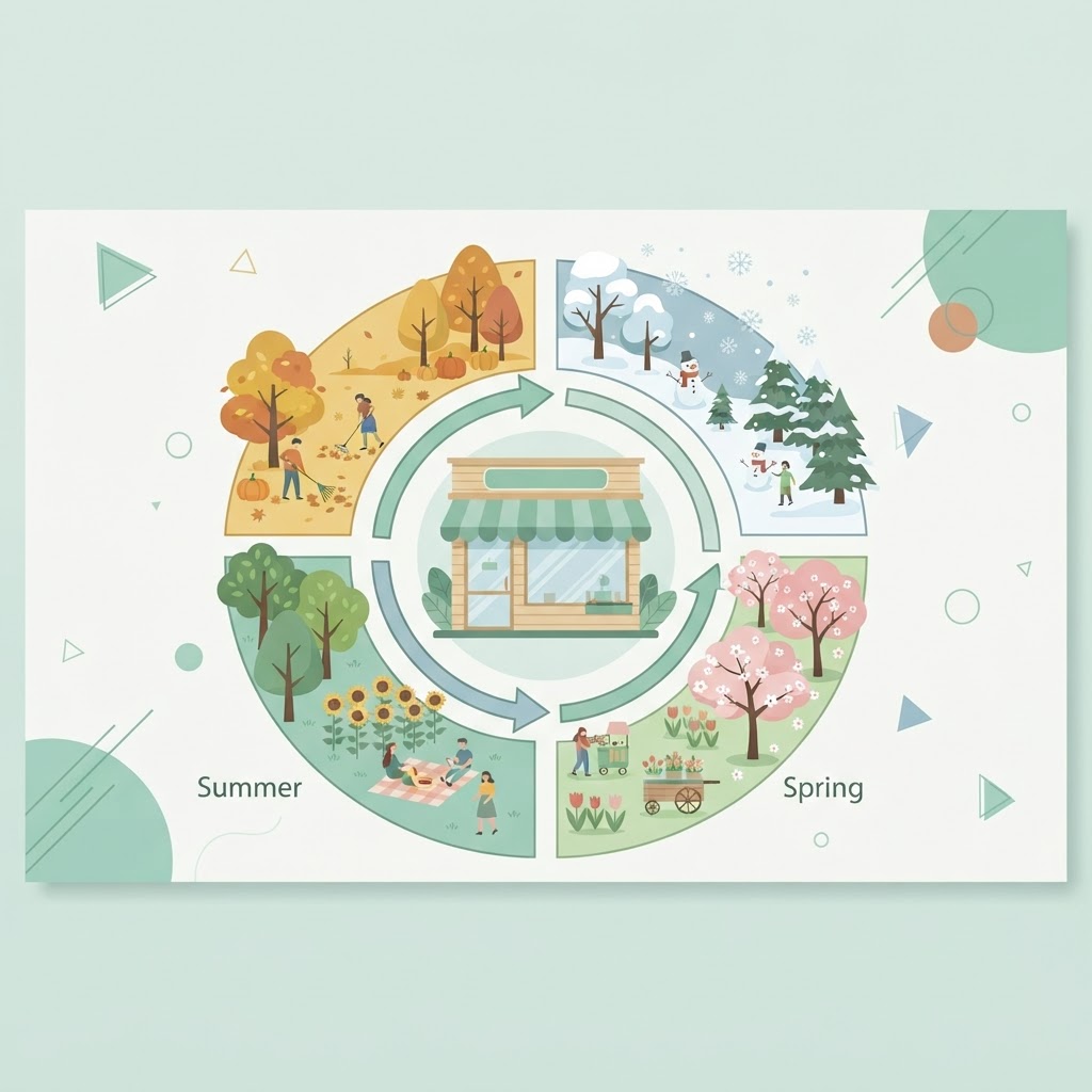 Four seasons wheel around a storefront, representing seasonal campaigns