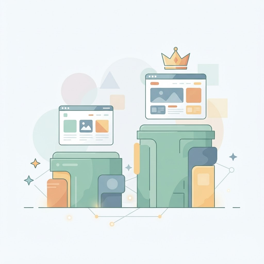 Higher-ranked website on a podium with a crown
