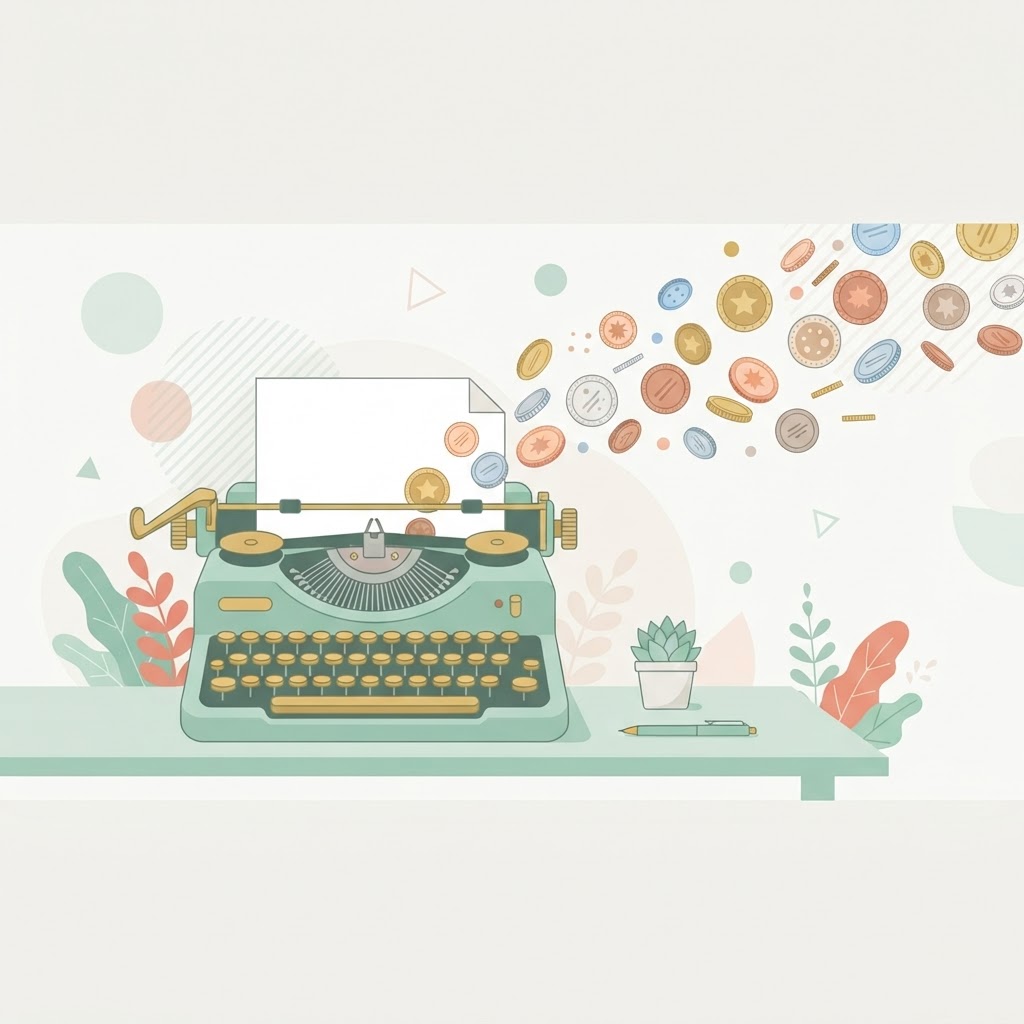 Typewriter with coins flying from the page, showing persuasive copy