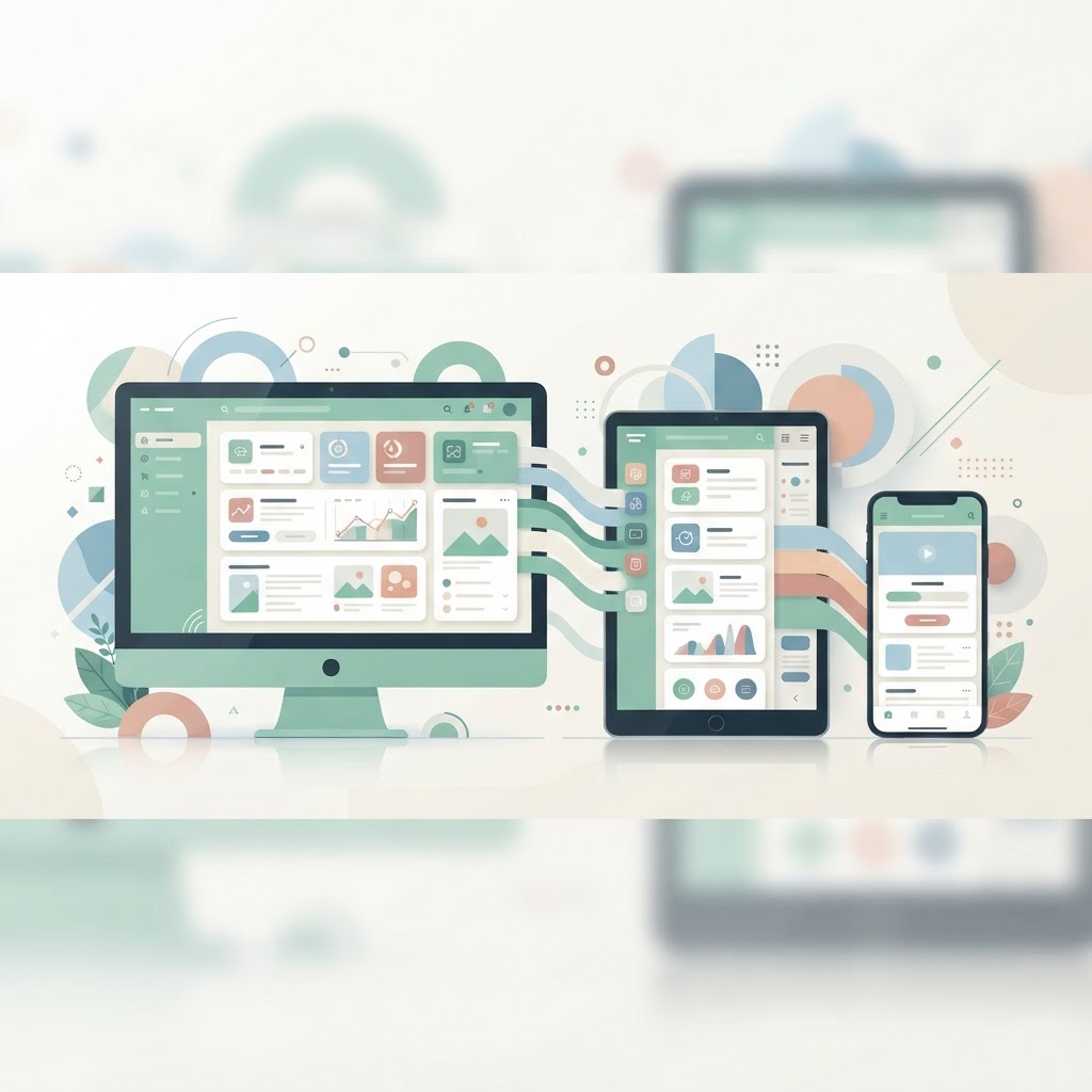 One layout adapting across desktop, tablet, and phone