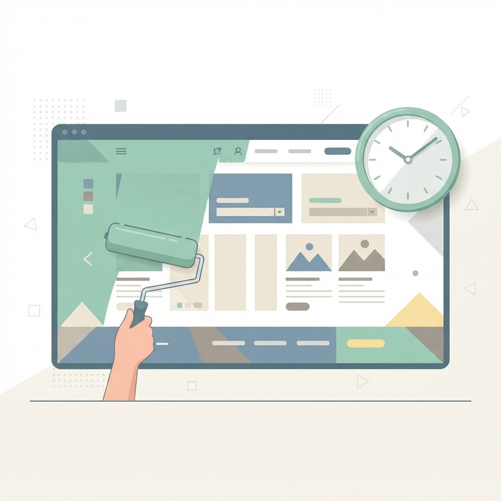 Website getting fresh paint beside a clock, balancing freshness and time