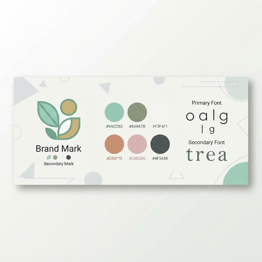 Brand board with logo, color swatches, and fonts
