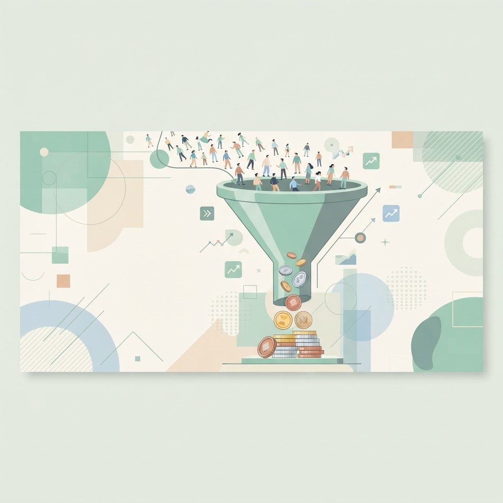 Visitor icons becoming coins in a funnel, showing conversion