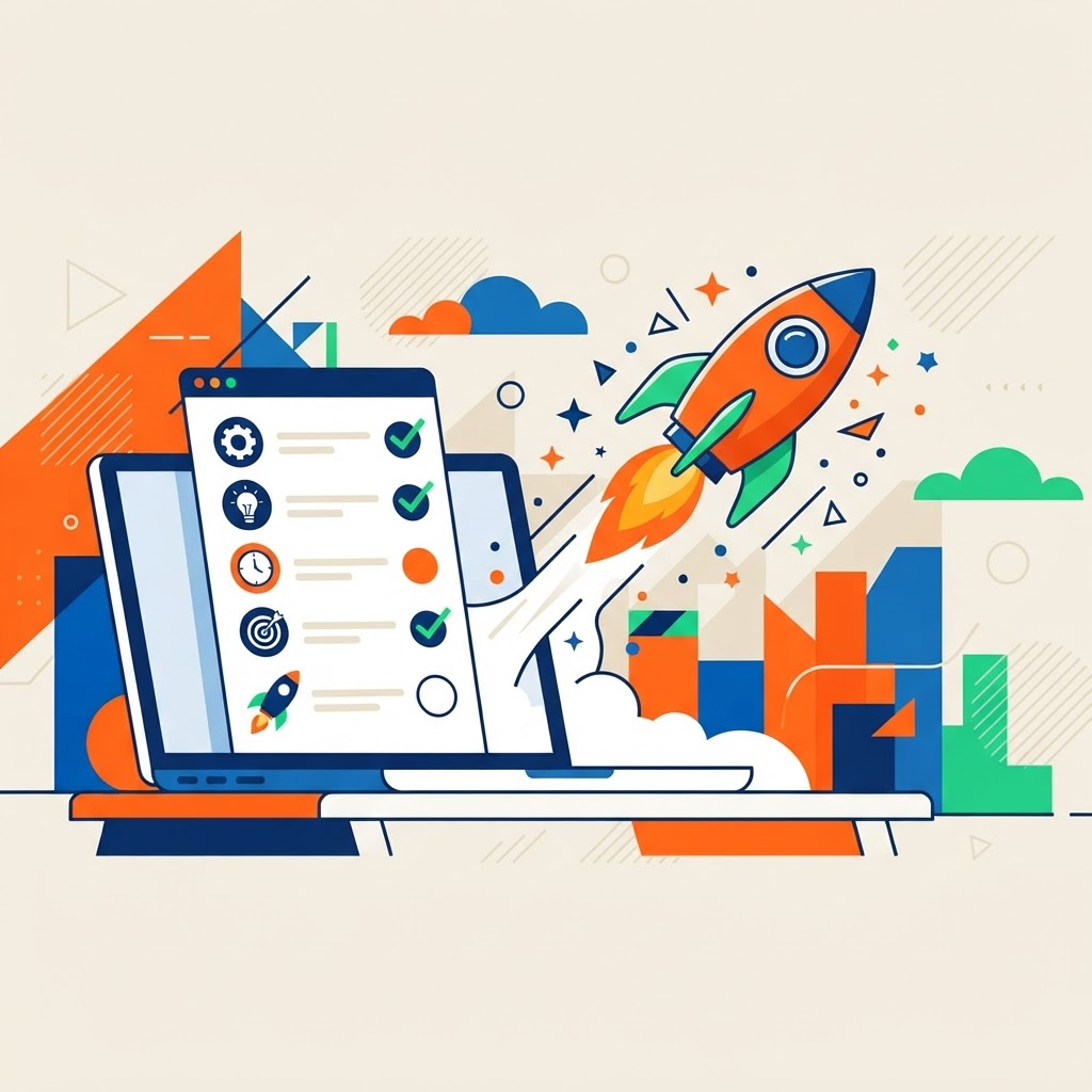 Rocket launching from a laptop beside a checklist, symbolizing search visibility gains