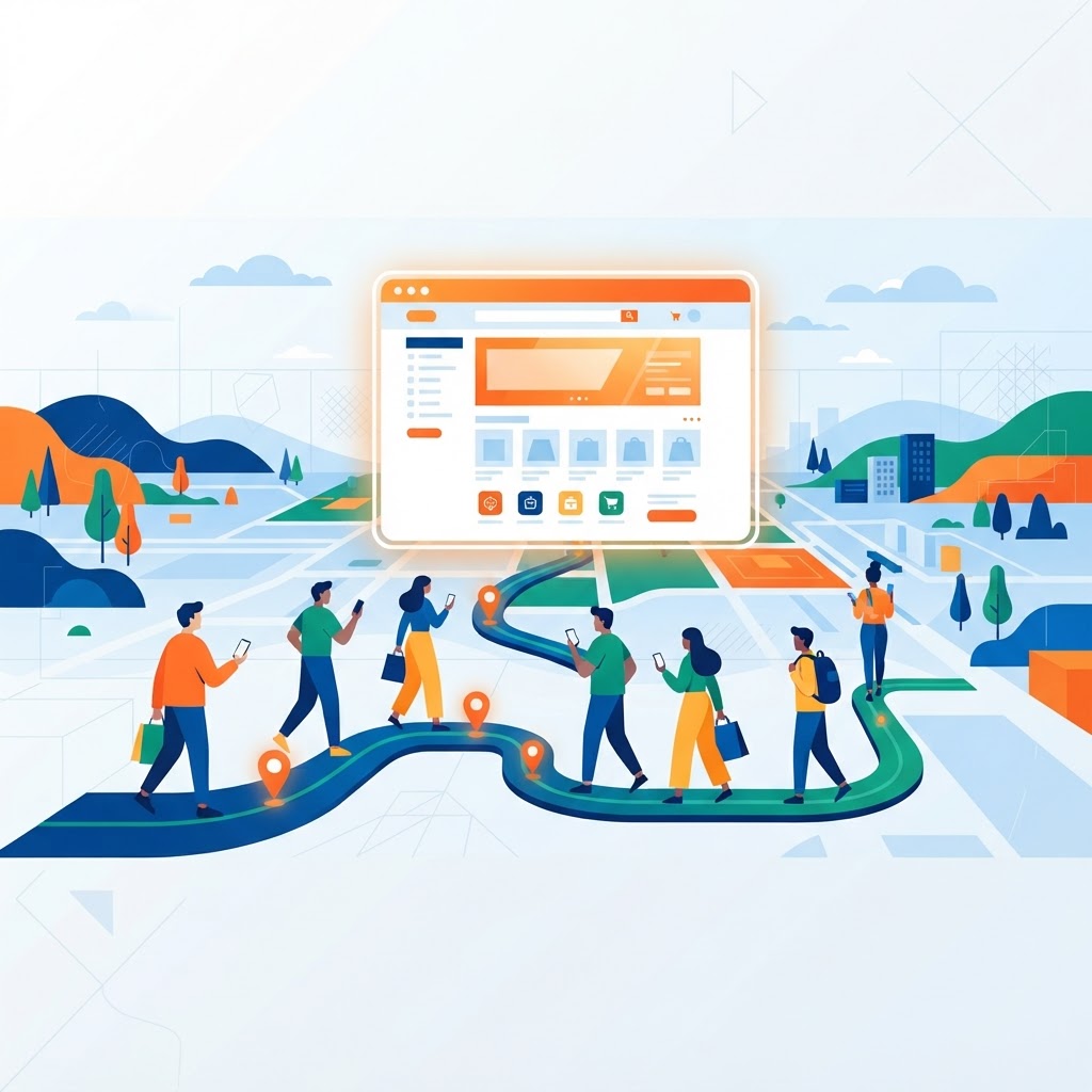 Customers walking toward a glowing website on a map, showing how search brings in visitors