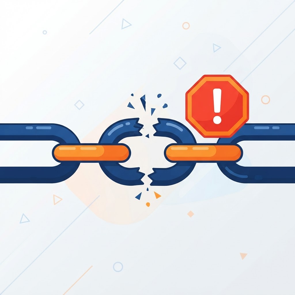 Broken chain link with a warning sign, illustrating broken links hurting a site