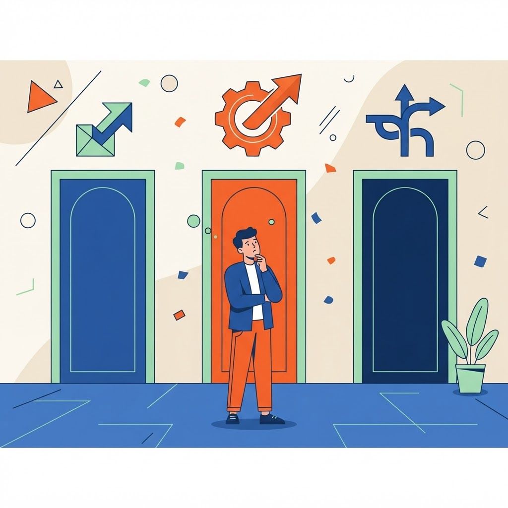 Person choosing between three labeled doors, representing domain name options