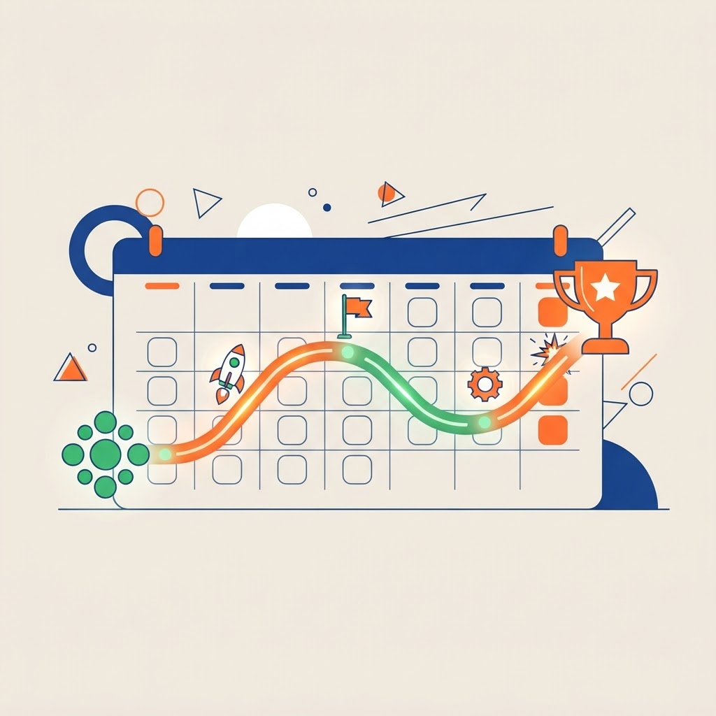 Calendar with a milestone path, illustrating a phased redesign timeline