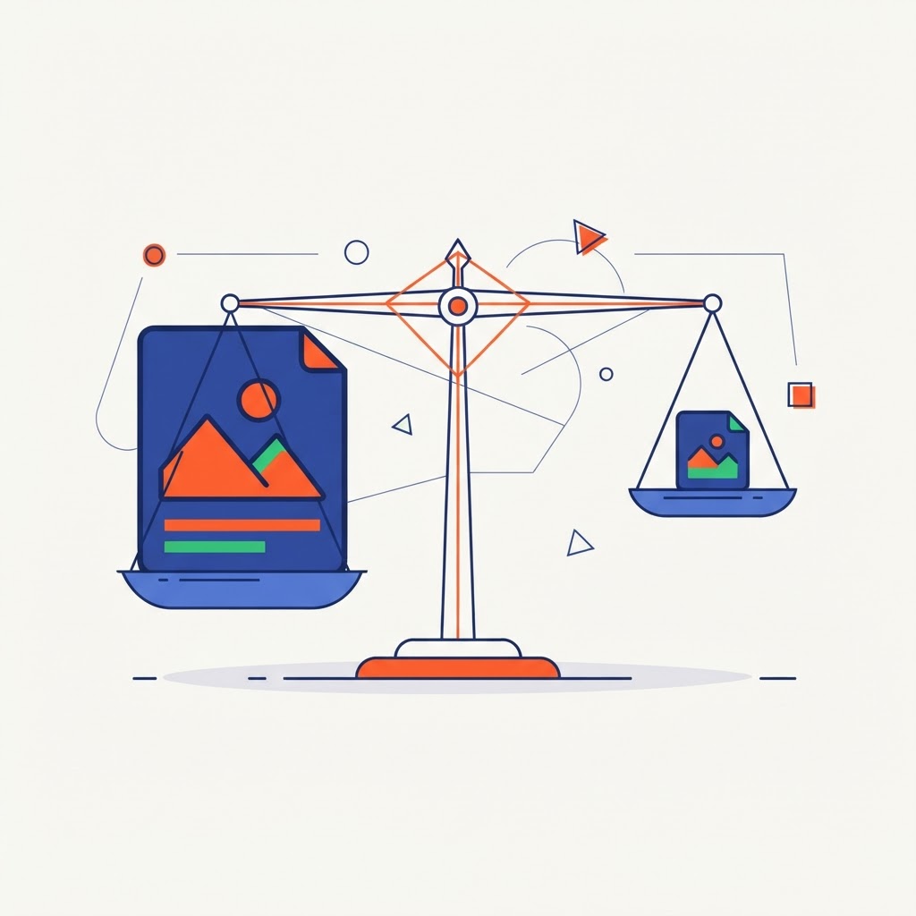 Large image file versus a small compressed one on a scale, showing image optimization