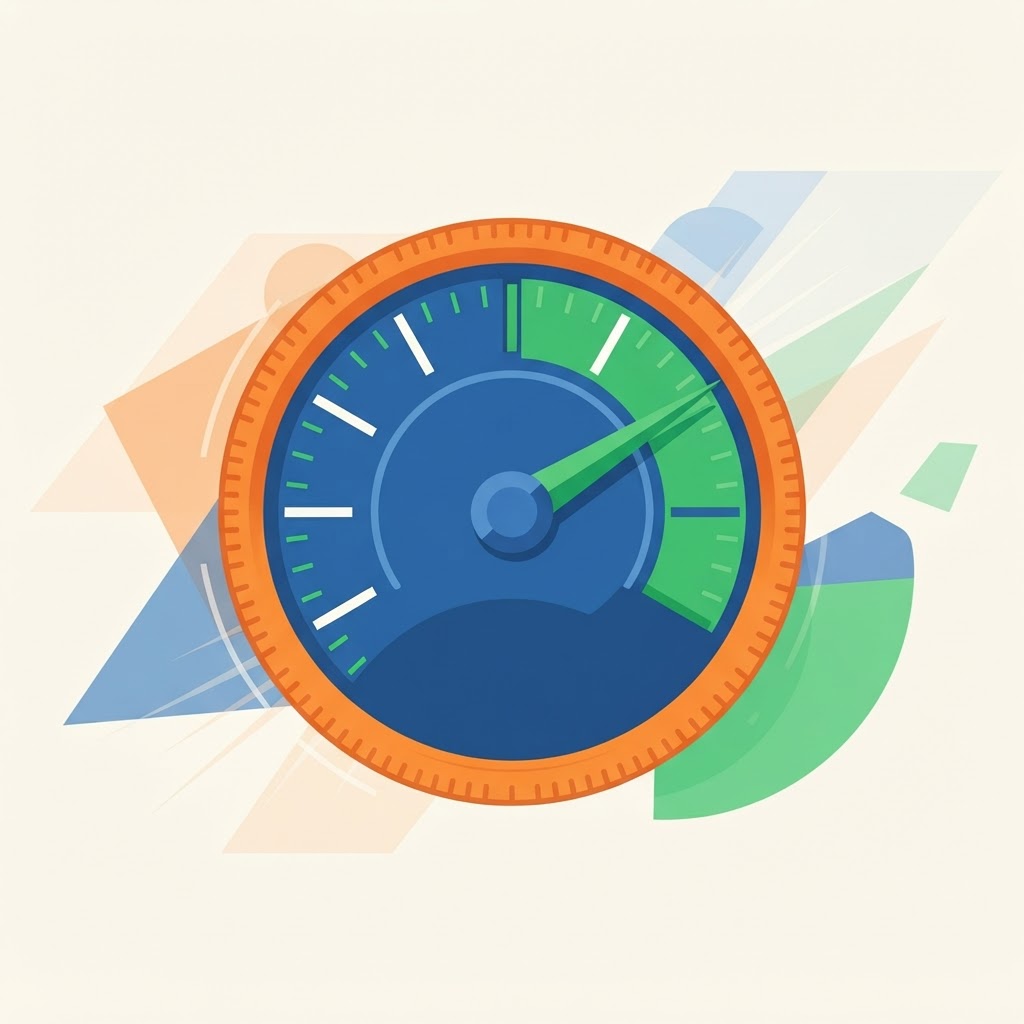 Speedometer pointing into the green zone, representing improved load times
