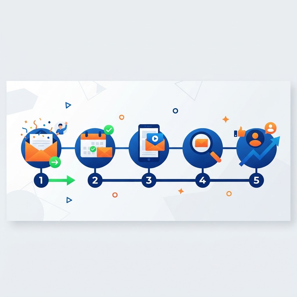 Numbered welcome email sequence on a timeline