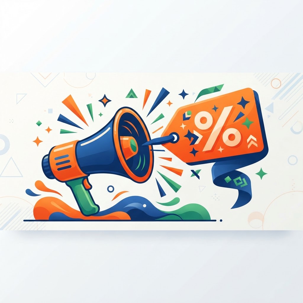 Megaphone with an offer tag, announcing a promotion