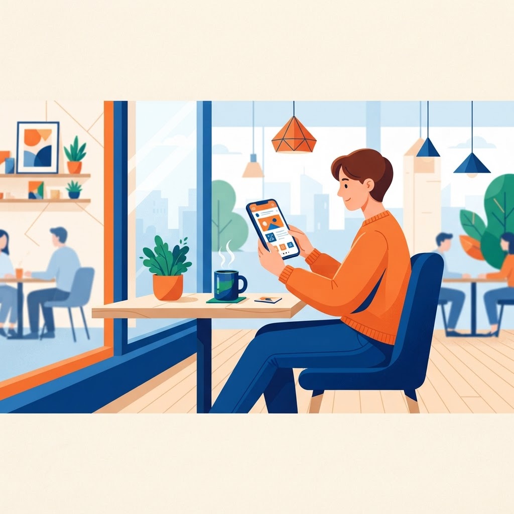 Customer in a coffee shop browsing a site on their phone