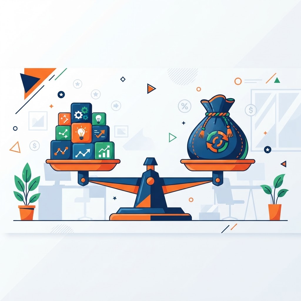 Balance scale weighing features against budget