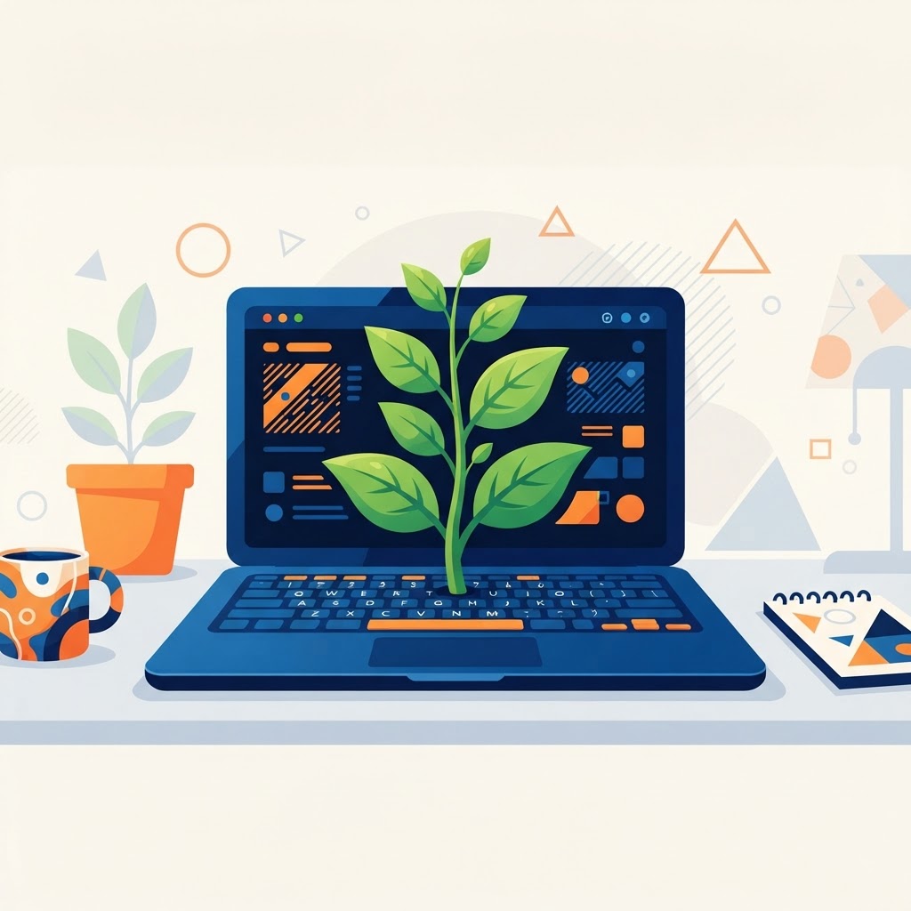 Plant sprouting from a laptop keyboard, symbolizing organic growth