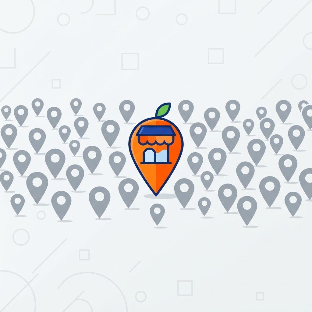Bright storefront pin standing out among grey pins, showing map visibility