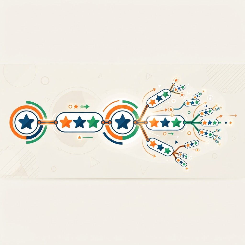 Star ratings multiplying in a chain, showing review growth