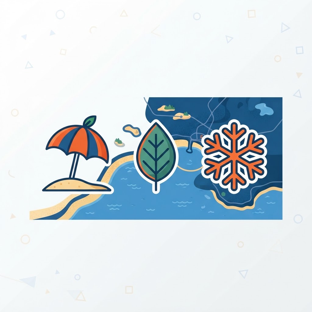 Beach umbrella, leaf, and snowflake over a shoreline map, evoking local seasons