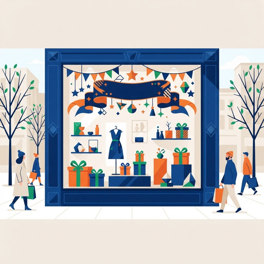 Shop window with a seasonal sale banner