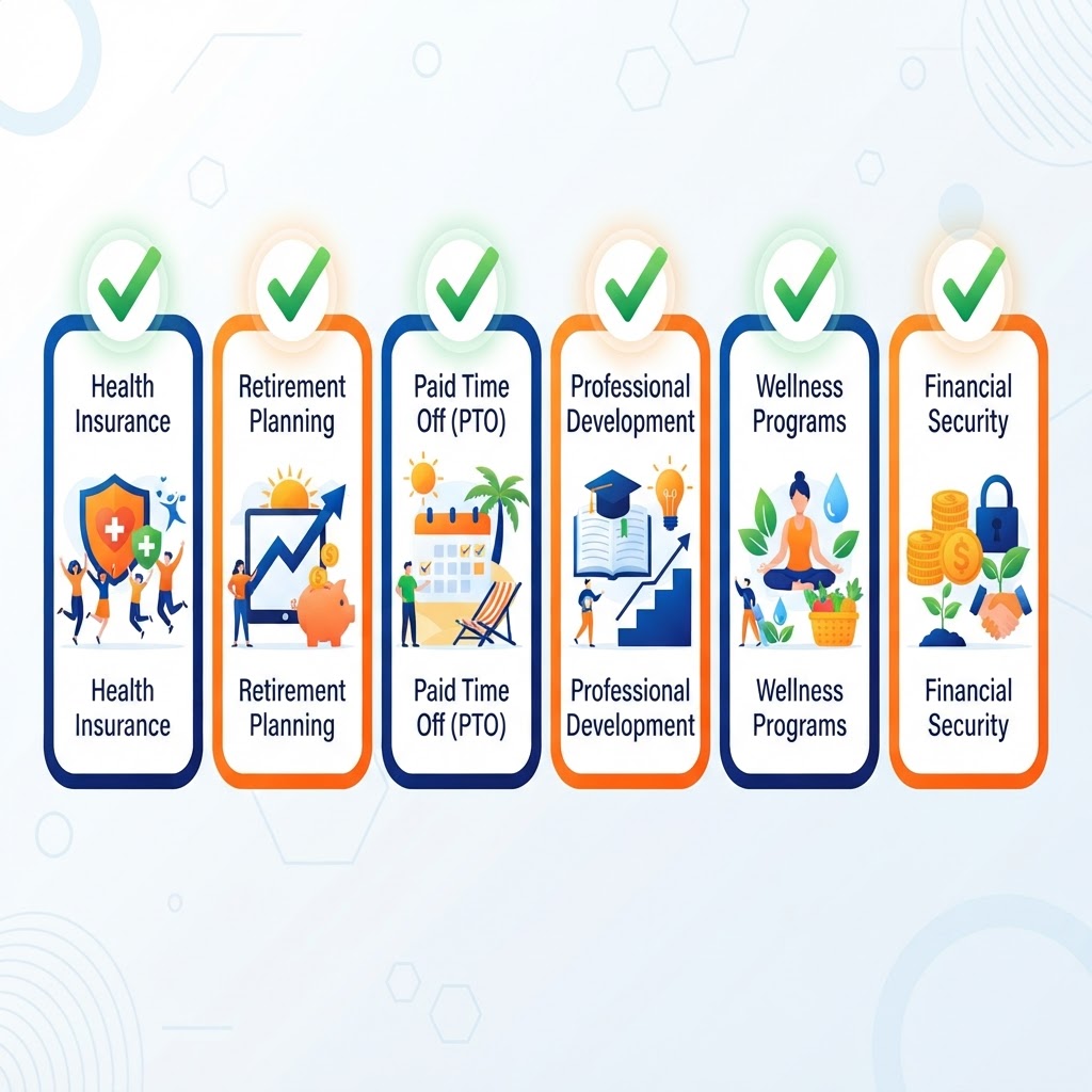 Benefits checklist with checkmarks, favoring benefits over features