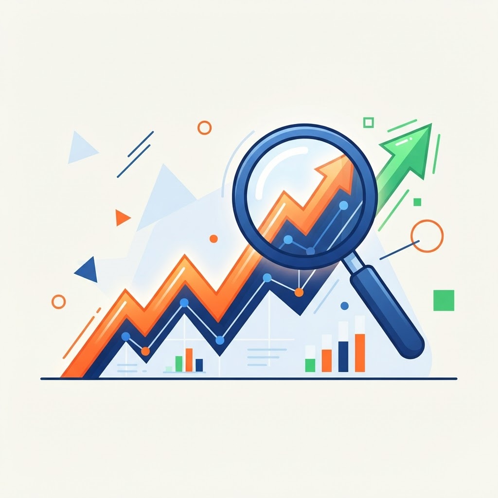 Upward trend graph examined with a magnifying glass