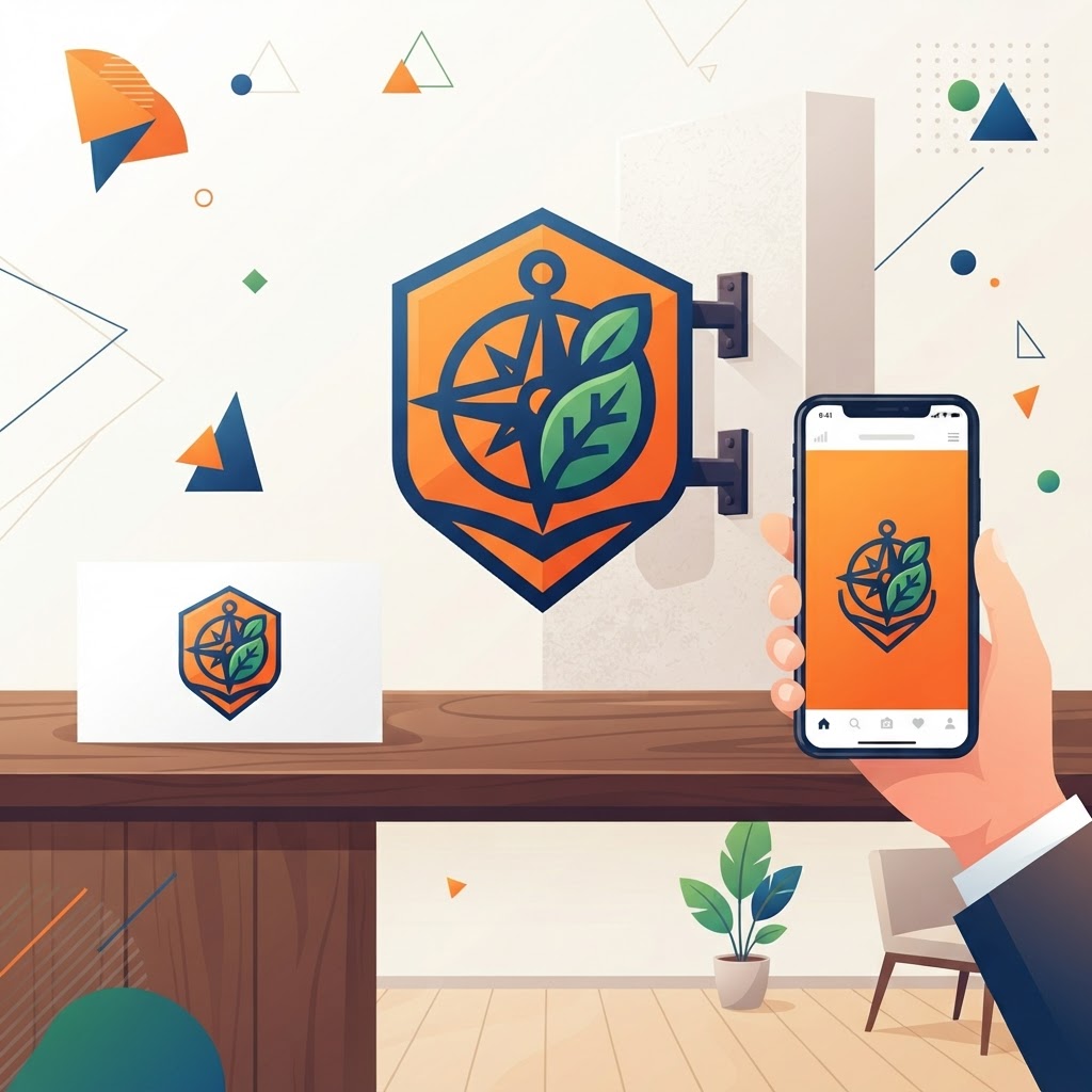 Matching business card, sign, and phone screen, showing consistency
