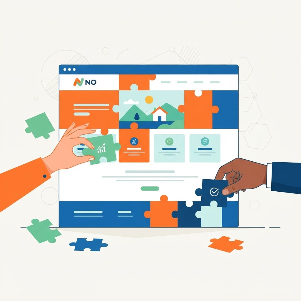 Hands assembling puzzle pieces into a finished website