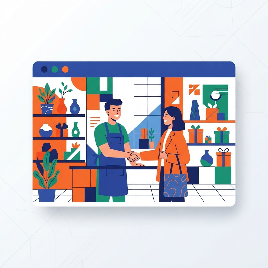 Customer and owner shaking hands in a browser, closing the deal