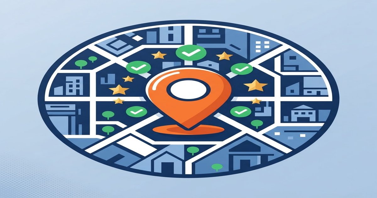 Orange location pin on a blue map grid with green checkmarks and star icons, representing a verified local business profile