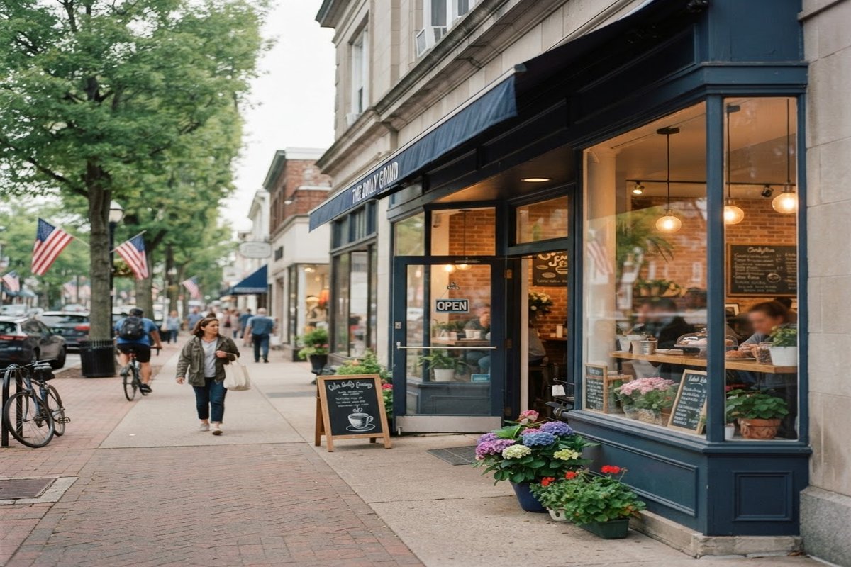 Welcoming small business storefront on a Long Island main street with warm interior lighting and a sandwich board sign
