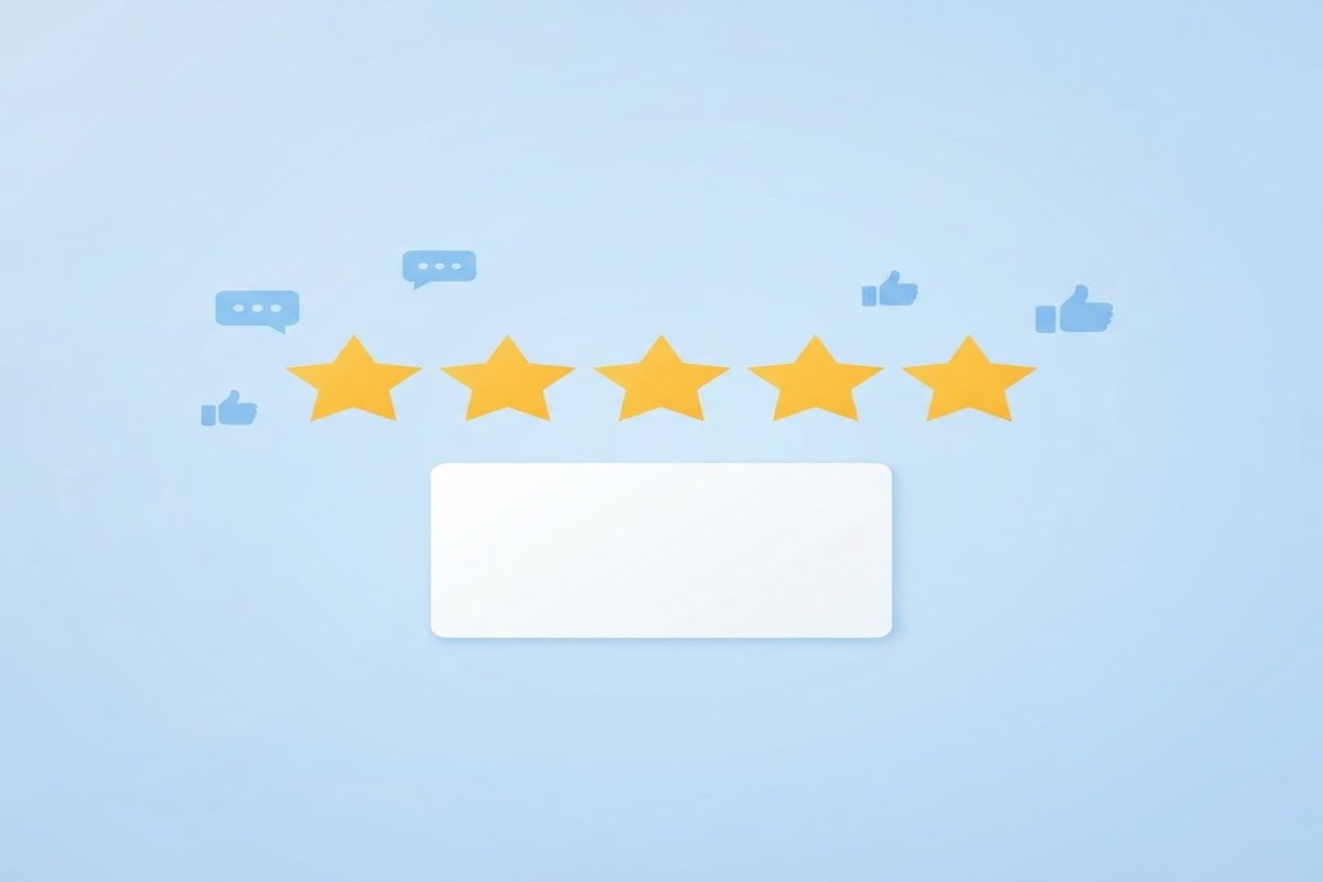 Five golden stars above a white business card shape with conversation bubble icons, representing customer reviews and engagement