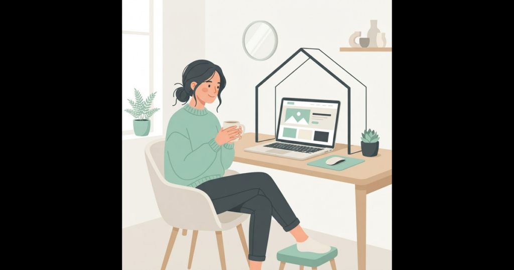 Small business owner at a desk with a laptop displaying a website, symbolizing a hosted site