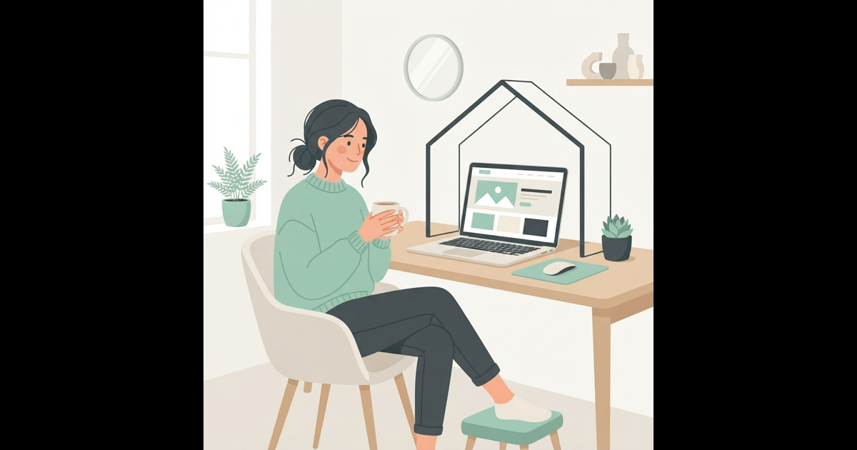 Small business owner at a desk with a laptop displaying a website, symbolizing a hosted site