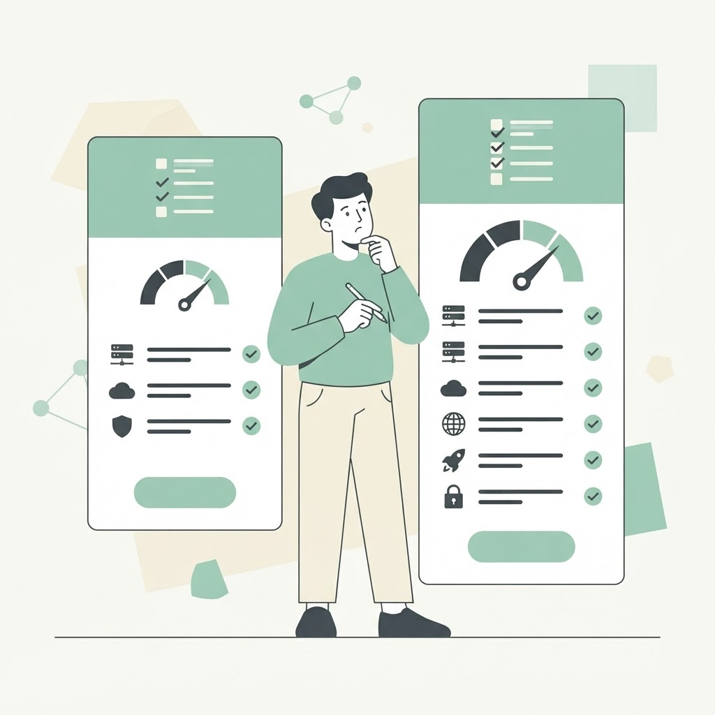 Illustration of a person comparing hosting plans with a checklist and speed gauge