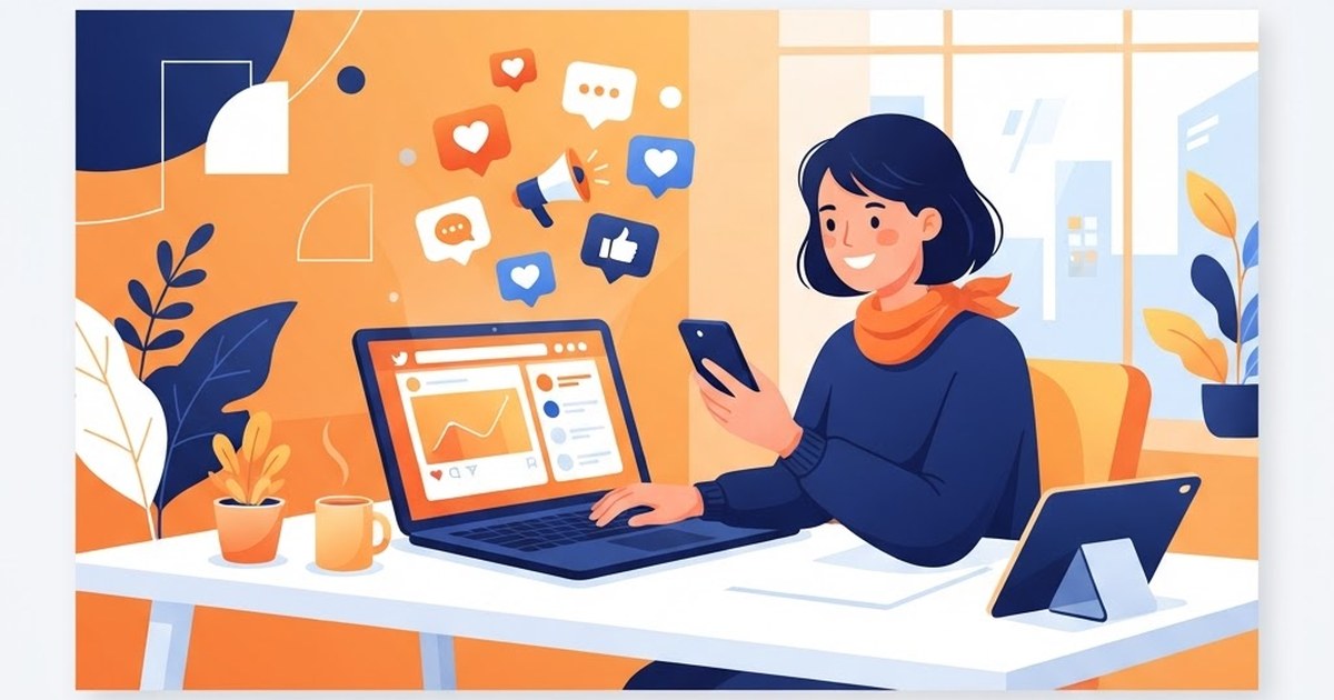Small business owner managing social media on a phone and laptop with floating notification icons