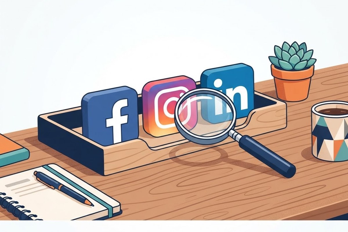 Three social media platform icons on a desk with a magnifying glass representing choosing the right platform